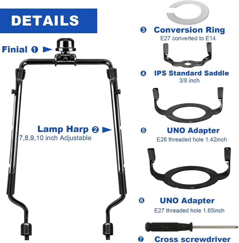 OMOBANU Lamp Shade Harp Holder Kits Adjustable 7" 8" 9" 10" fit for Standard 1/8 IP, E14, E26, E27 Lamp Harp Saddle with Lamps Finials, Screwdriver, Metal Lampshade Bracket Decorative Accessories - Black - Image 3